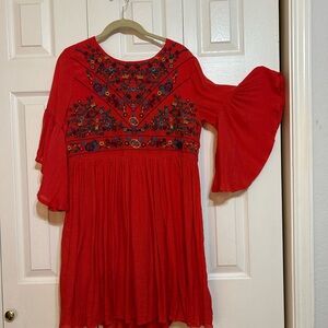 Umgee Red Embroidered Bell-Sleeve Casual Dress
